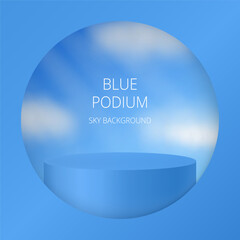 3d mockup of a cylindrical podium or pedestal for a product. Blue display stage. Background with clouds on a blue sky. Cylinder showing through a round window