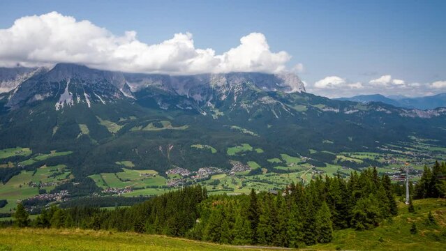 Timelapse view of Ellmau valley and Wilder Kaiser mountain massif, Austrian alps