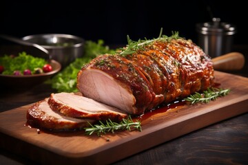 succulent and flavorful Danish delicacy, Kamsteg - a perfectly roasted pork loin with mouth-watering crackling, capturing the essence of traditional Danish cuisine - obrazy, fototapety, plakaty