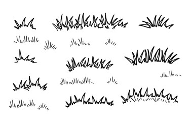 Grass scribble doodle field. Outline summer landscape. Hand drawn line meadow. Cartoon illustration isolated on white background - obrazy, fototapety, plakaty