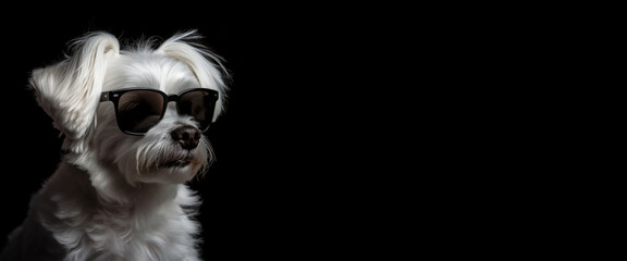 Naklejka premium Horizontal banner. Small cute white domestic dog wearing black sunglasses on dark background with copy space for text. Concept of caring for pet, homeless animal. Copyspace. Pet shop. Generative AI