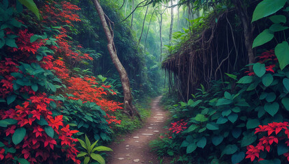 A mountain trail, High definition, high resolution, dense jungle - AI Generative