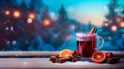 A glass of mulled red wine with cinnamon on old rustic wooden plank against blue background with winter landscape - obrazy, fototapety, plakaty