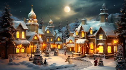 Fotobehang Vintage Christmas: Snowy Village Landscape Captured in a 3D Illustration © Bartek