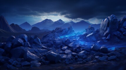 A mountain landscape with rocks and a blue light