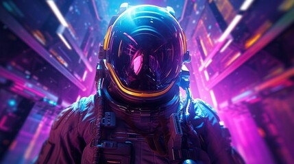 A man in a space suit standing in front of a neon background