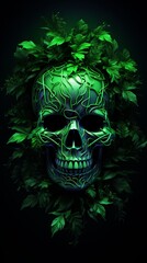 A green skull with leaves around it