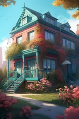 illustration, a house with a beautiful garden in the city