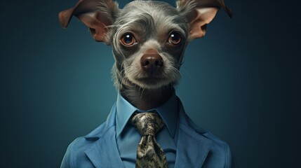 A small dog wearing a blue shirt and tie
