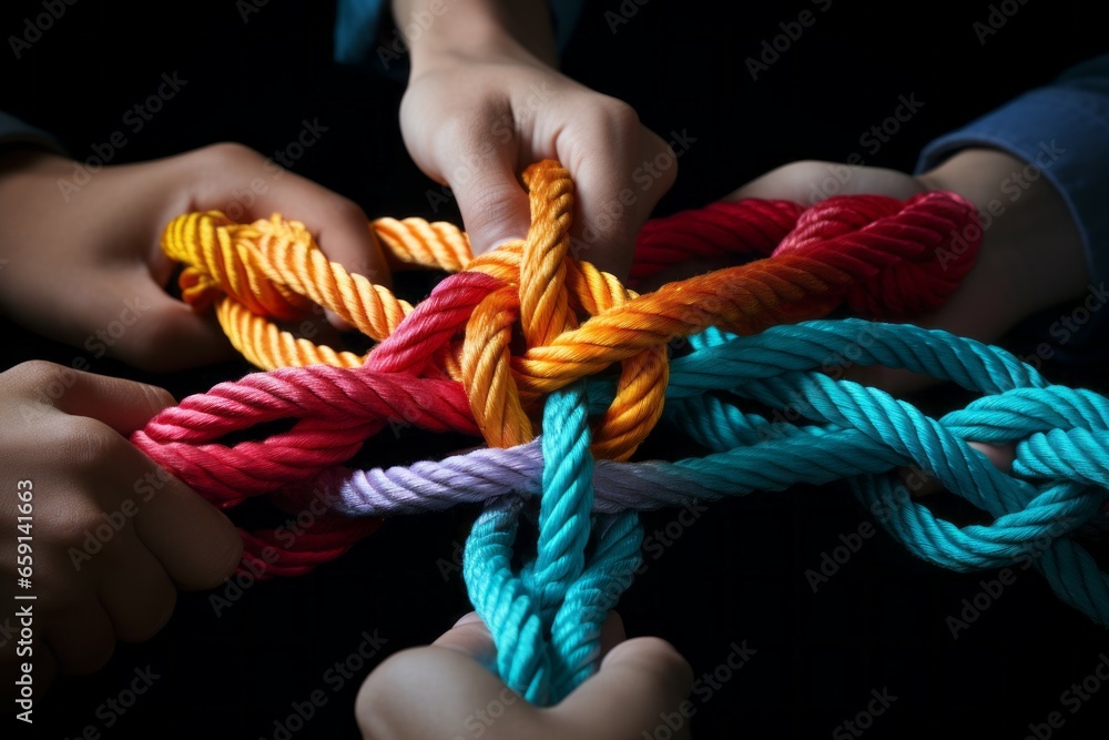 Poster different ropes are woven into a knot. teamwork concept. background with selective focus and copy sp