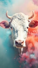 Dreamlike, atmospheric illustration of a white cow standing on a colorful background