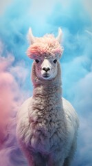 Obraz premium A llama with pink hair standing in a cloud of a colorful smoke