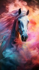 Obraz na płótnie Canvas A majestic white horse surrounded by vibrant colored smoke