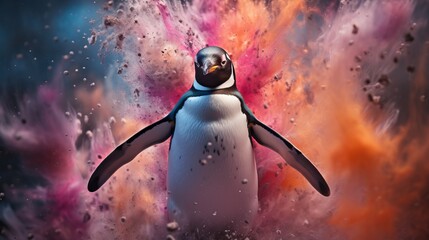 A penguin standing in front of a colorful background - obrazy, fototapety, plakaty