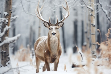 Naklejka na ściany i meble Nobble deer male in winter snow forest,ai generated