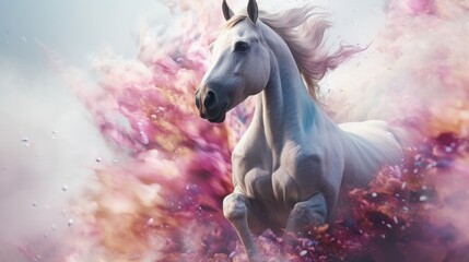 Obraz na płótnie Canvas A majestic white horse galloping through a vibrant field