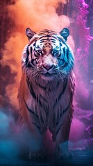 A white tiger standing in front of a purple and blue background