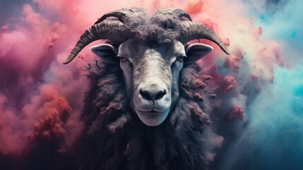 A majestic ram with impressive horns standing proudly in the clouds - obrazy, fototapety, plakaty