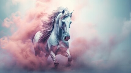 Obraz premium A majestic white horse galloping through a dreamlike sky filled with fluffy clouds