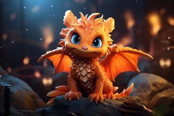 Super cute Golden, Yellow little baby dragon with big blue eyes. Fantasy monster. Small Funny Cartoon character. Fairy tale,ai generated