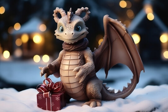 Little wooden dragon on Christmas background. Christmas and New Year's card,ai generated