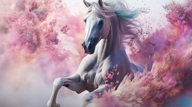 A beautiful painting capturing the grace and freedom of a white horse galloping through a vibrant background