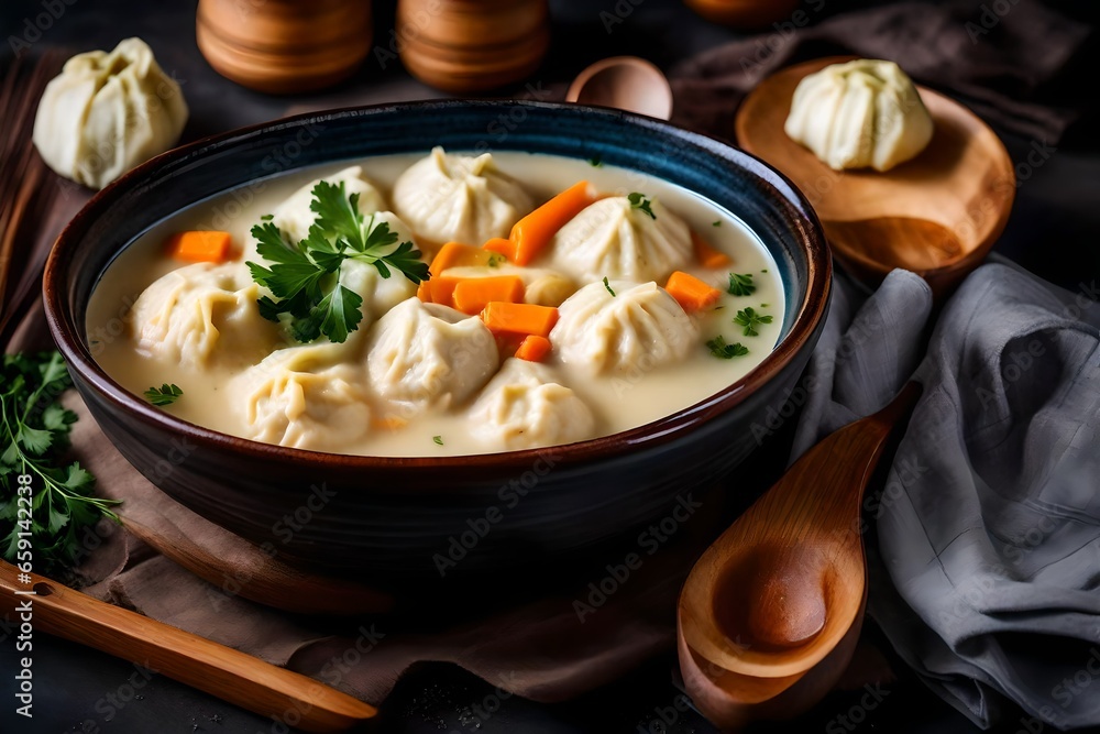Poster a bowl of creamy and comforting chicken and dumpling soup with fluffy dumplings - ai generative