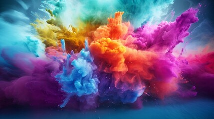 A vibrant and dynamic explosion of colored powder on a dark backdrop