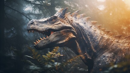 A close up of a dinosaur in a forest