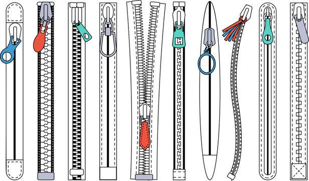 Flat zippers with pullers. Isolated zipper fastener, clothing industry and tailor elements. Clasp for children and adult clothes, decent vector set