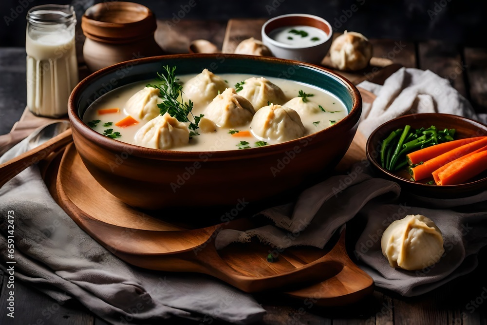 Poster a bowl of creamy and comforting chicken and dumpling soup with fluffy dumplings - ai generative