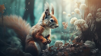 Fototapeta na wymiar A squirrel standing on its hind legs in a forest