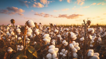 A field of cotton plants with the sun setting in the background