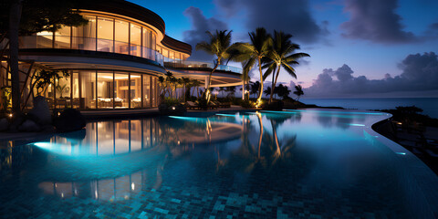 Luxurious tropical resort pool in the night. 