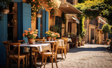 Provencal cafe on a cobbled street. Wooden tables with blue tablecloths, fresh flowers in clay pots. Provencal romance. Banner. - obrazy, fototapety, plakaty