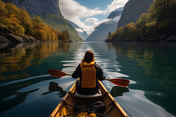 View from the back of a girl in a canoe floating on the water among the fjords. - Powered by Adobe