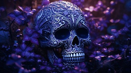 A blue skull sitting in a field of purple flowers