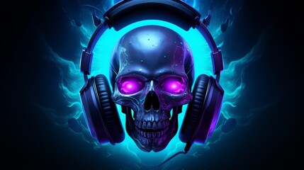 A skull wearing headphones and glowing eyes