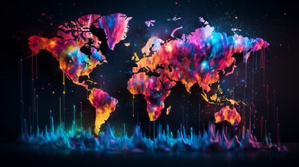 A colorful map of the world on a black background