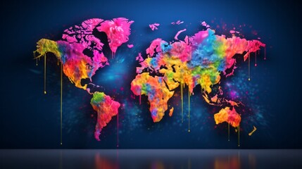 A colorful map of the world painted on a dark background
