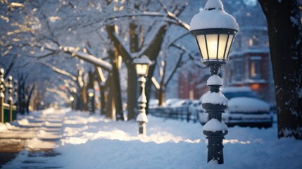 A street light covered in snow next to a tree - obrazy, fototapety, plakaty