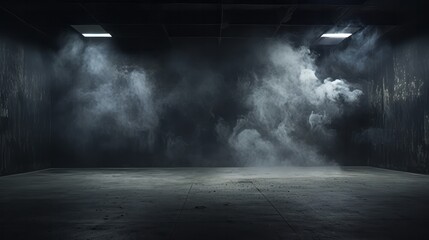 A dark room with smoke coming out of the ceiling - obrazy, fototapety, plakaty