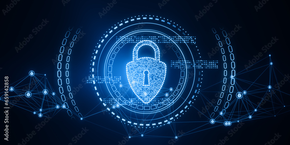 Poster abstract glowing polygonal padlock hologram on blurry dark blue background. safety and security conc
