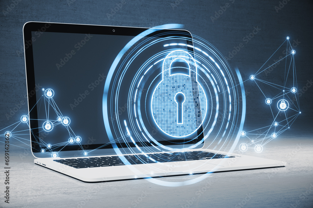 Poster Close up of laptop computer on desk with glowing polygonal padlock hologram on blurry background. Secure, safety and technology concept. 3D Rendering.