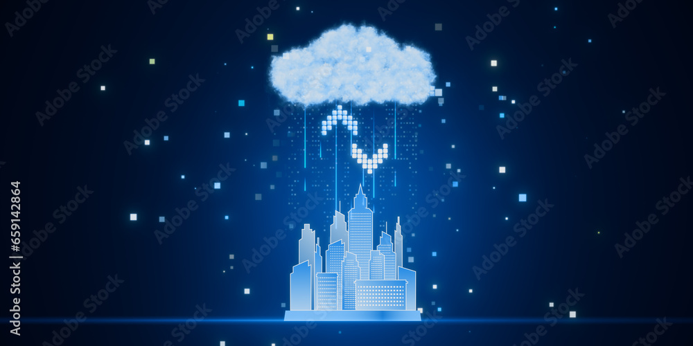 Poster Cloud computing concept. Smart city wireless internet communication with cloud storage, cloud services. Download, upload data on server. Hologram on blue background. 3D Rendering.