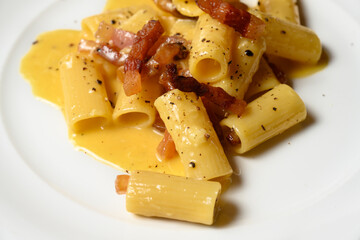 Rigatoni Carbonara Pasta with Eggs, Pecorino Romano and Guanciale in the Roman or Lazio Style