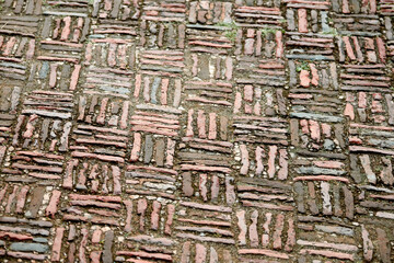 Old indian brickwork in Agra red fort, masonry walkway covered with green moss unusual patterns