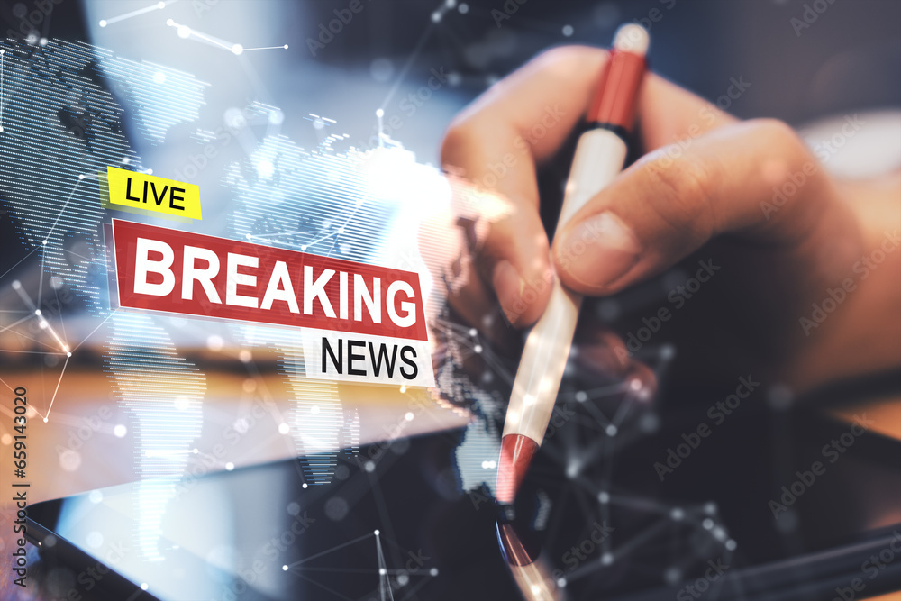Poster close up of businessman hands using digital tablet with pad and creative polygonal hi-tech breaking 