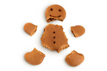 Gingerbread man isolated on white background. Top view. Flat lay.