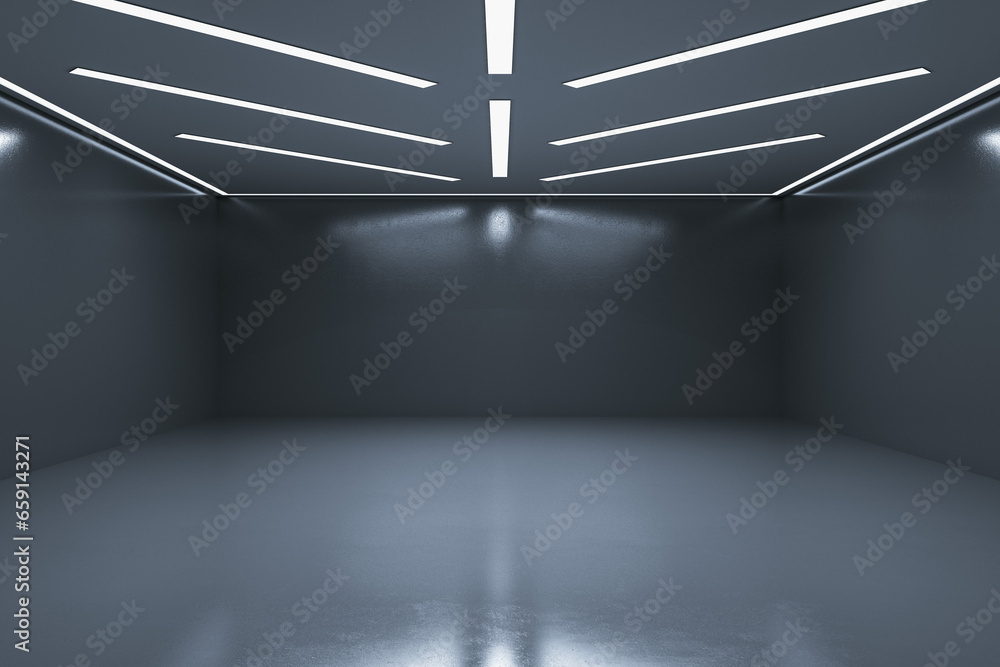 Poster modern exhibition hall interior with empty mock up place on gray wall. 3d rendering.